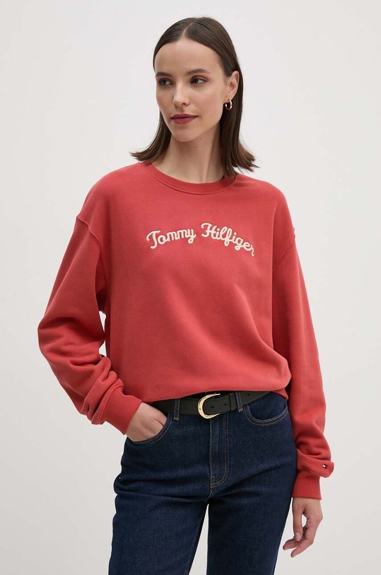 Bavlněná mikina Tommy Hilfiger bez kapuce červená WW0WW42615