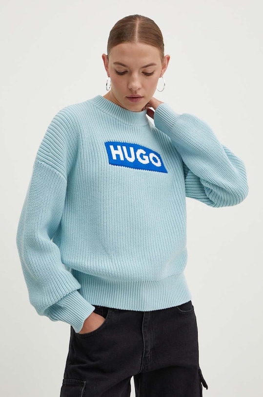 Βαμβακερό πουλόβερ Hugo Blue απλικέ μπλε 50514300