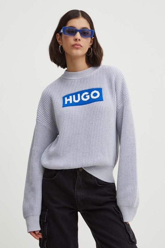 Хлопковый свитер Hugo Blue аппликация серый 50514300