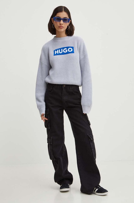 Хлопковый свитер Hugo Blue 50514300 серый AW24