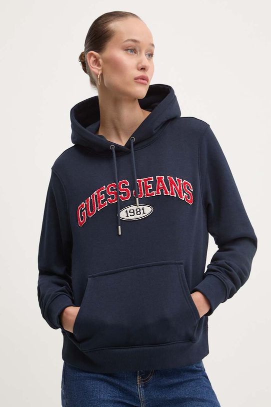 Dukserica Guess Jeans natpis mornarsko plava W4YQ09.KC811