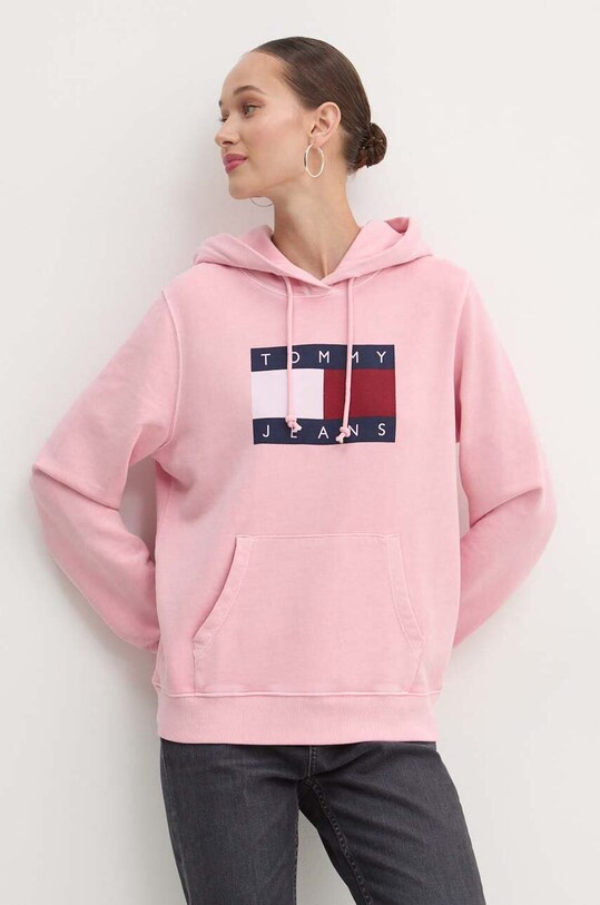 Bavlněná mikina Tommy Jeans s kapucí růžová DW0DW18654