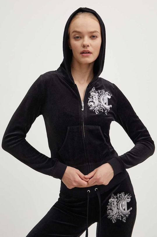 Juicy Couture bluza welurowa RENAISSANCE ROBYN HOODIE aplikacja czarny JCGAS224001.101