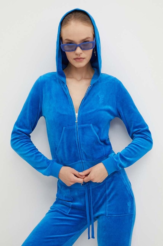 Velurová mikina Juicy Couture HERITAGE ROBYN s kapucí modrá JCSEBJ007.233