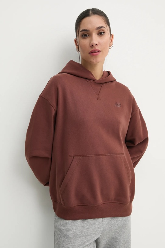 Bavlněná mikina New Balance s kapucí hnědá WT41537ROK