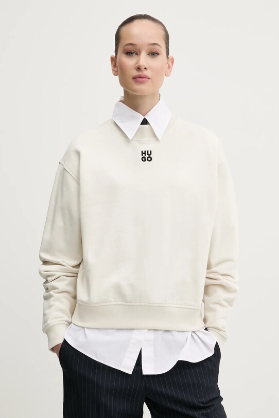 Bombažen pulover HUGO Našitek bež 50527463