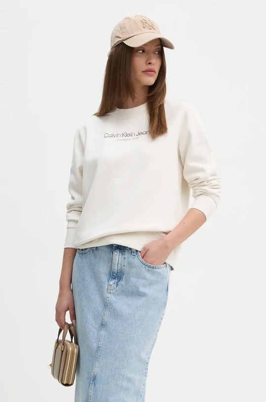 Mikina Calvin Klein Jeans bez kapuce béžová J20J224913