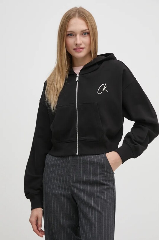 Βαμβακερή μπλούζα Calvin Klein Jeans με κουκούλα μαύρο J20J224440