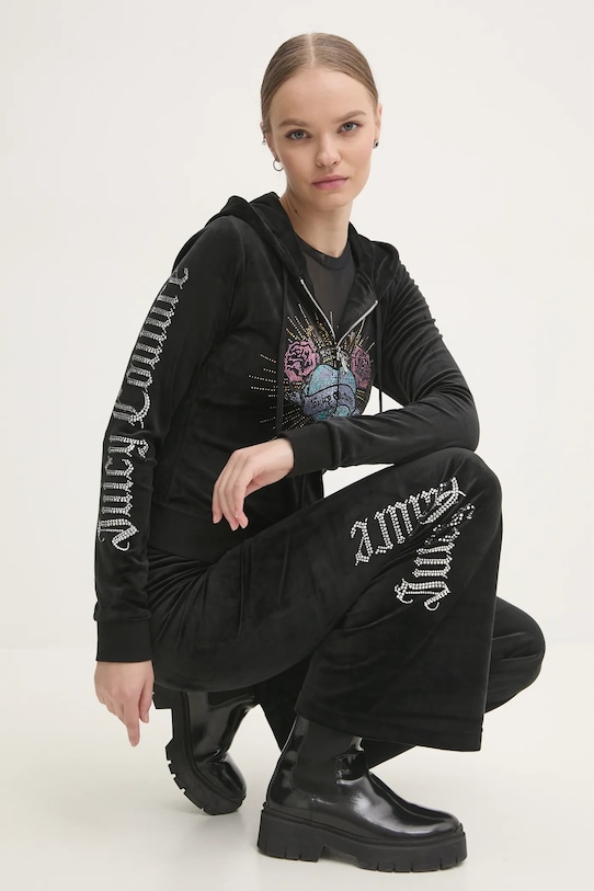 Juicy Couture bluza welurowa SACRED HEART ROBERTSON HOODIE z elastanem czarny JCBAS224816.101