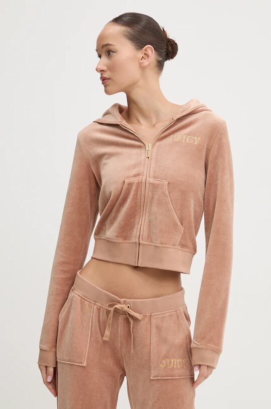 Juicy Couture bluză din velur HERITAGE CROWN ROBYN HOODIE imprimeu maro JCGAS224011.681