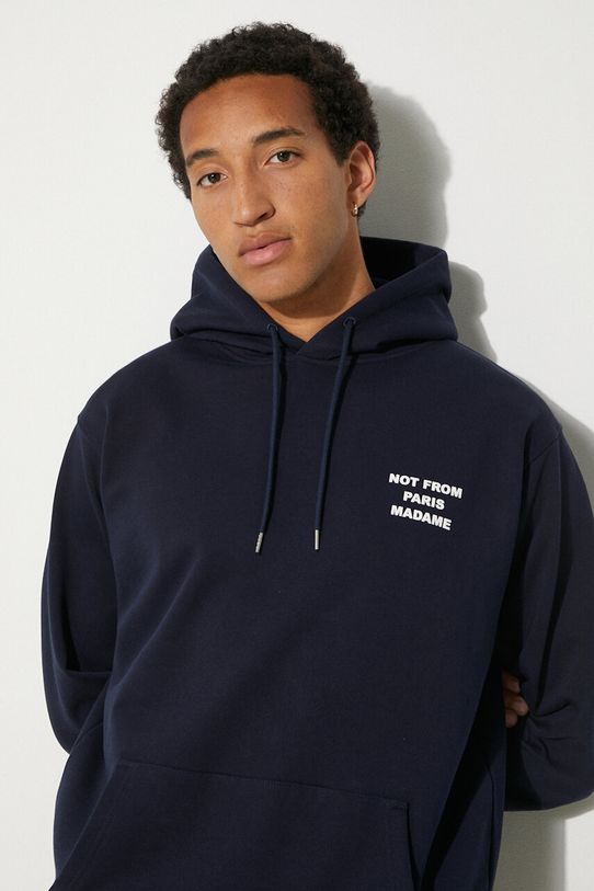 Bavlněná mikina Drôle de Monsieur Le Hoodie Slogan potisk námořnická modř PERM.HO162.CO127.NY