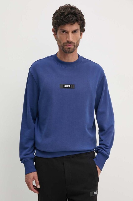 Bavlněná mikina Versace Jeans Couture bez kapuce námořnická modř 77GAI3R3.F0002