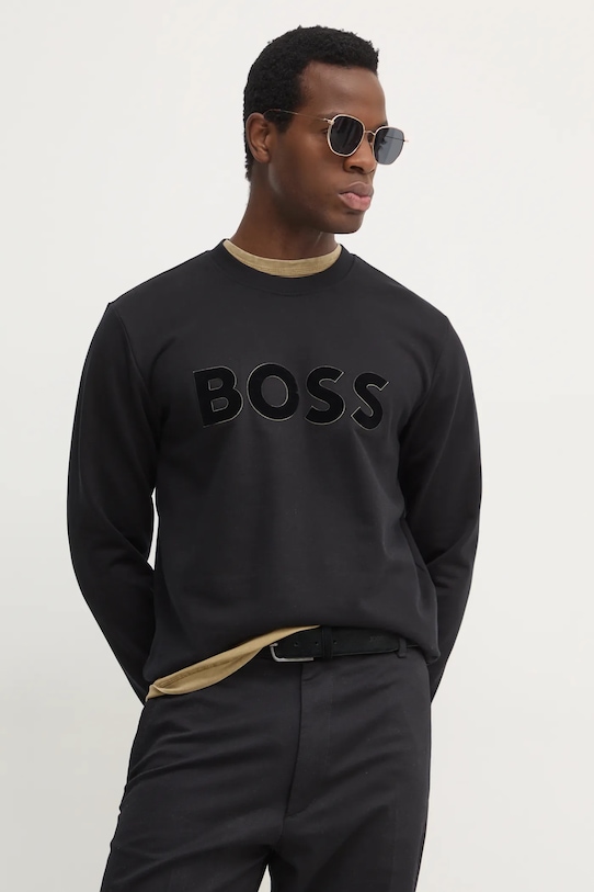 Βαμβακερή μπλούζα BOSS χωρίς κουκούλα μαύρο 50524360