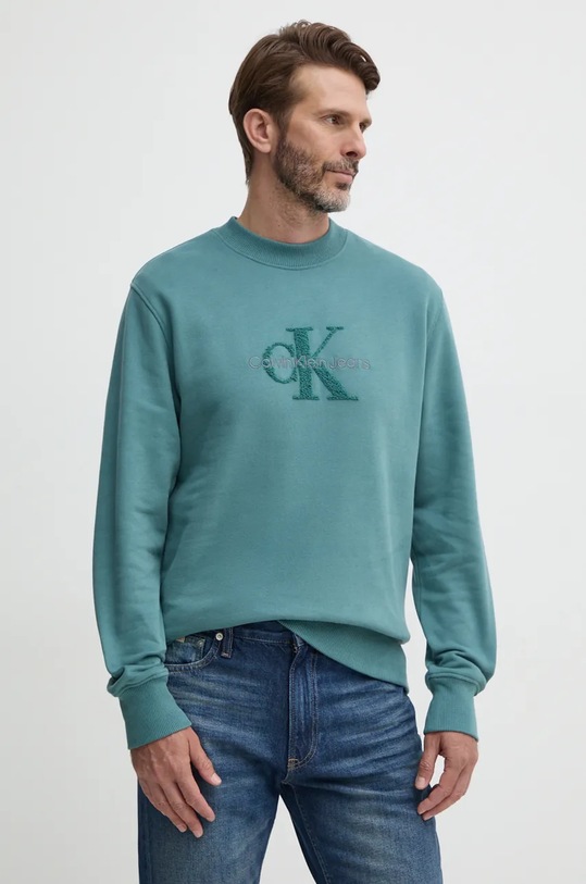 Βαμβακερή μπλούζα Calvin Klein Jeans χωρίς κουκούλα μπλε J30J326144