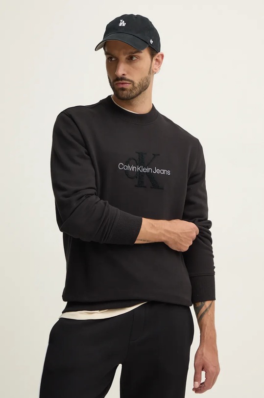 Bavlněná mikina Calvin Klein Jeans bez kapuce černá J30J326144