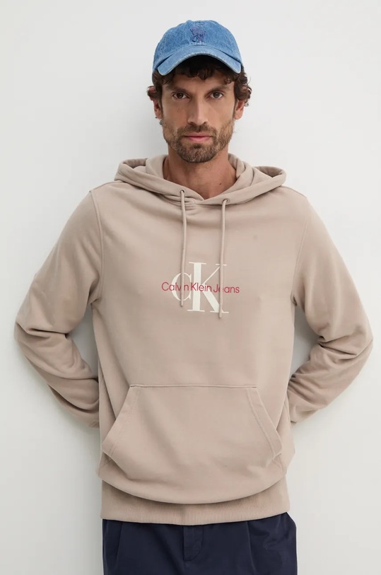 Bavlněná mikina Calvin Klein Jeans s kapucí béžová J30J326875