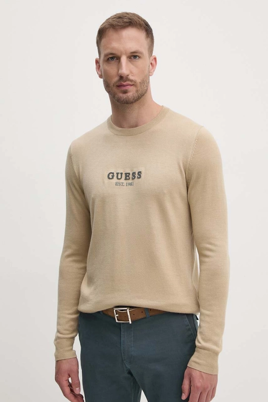 Guess sweter z domieszką wełny DORAN okrągły beżowy M4YR04.Z3052