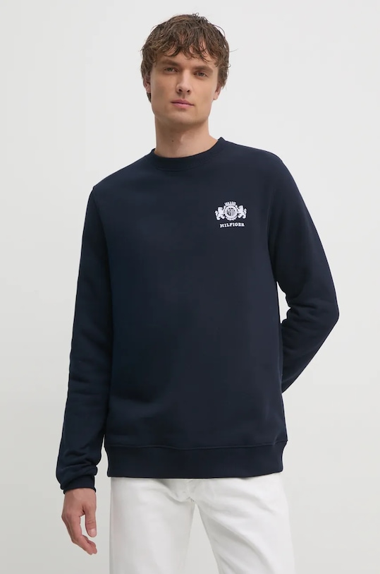 Bavlněná mikina Tommy Hilfiger bez kapuce námořnická modř MW0MW35528