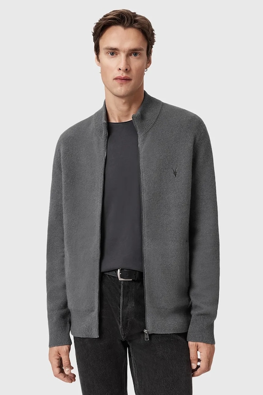 Vlněná mikina AllSaints STATTEN bez kapuce šedá M073KB