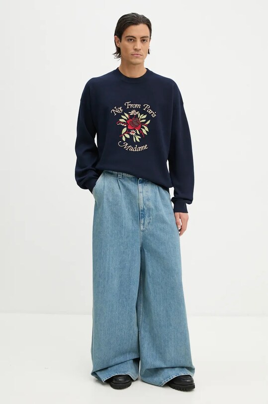 Vlnený sveter Drôle de Monsieur Le Maille Slogan Fleurs E.PO162.WO007.NY tmavomodrá AW24