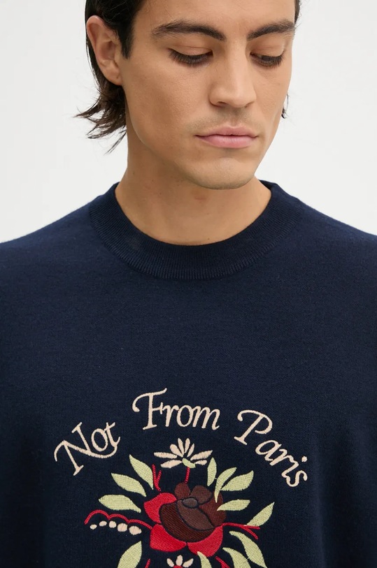 Vlnený sveter Drôle de Monsieur Le Maille Slogan Fleurs E.PO162.WO007.NY tmavomodrá