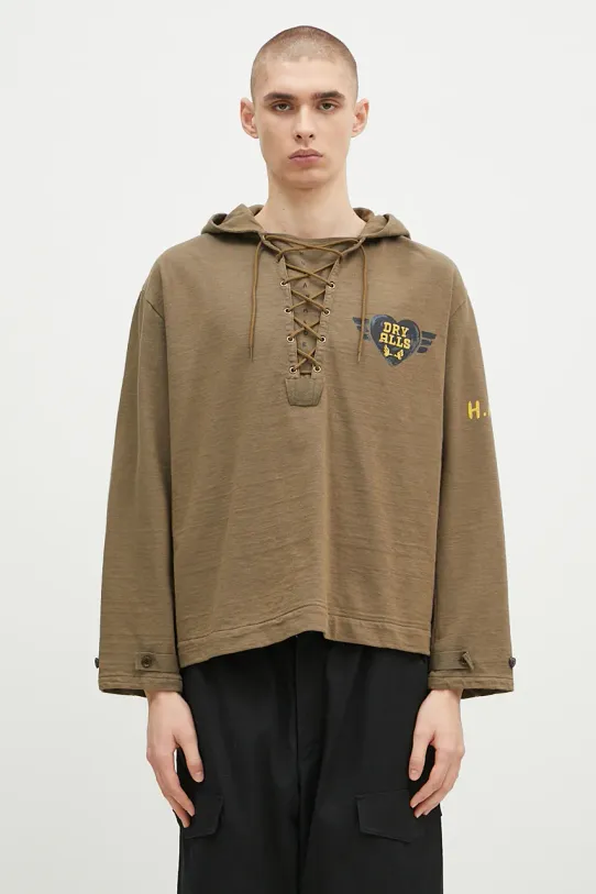 Бавовняна кофта Human Made Lace-Up Hooded Pullover надрук зелений HM28CS007