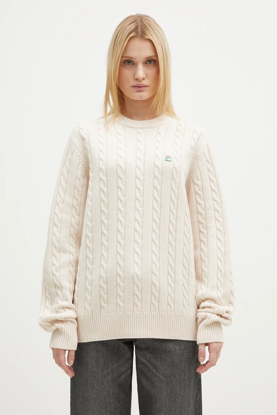 FILA+ sweter wełniany Cabled Knitted Crewneck 42FW24JJ02544C007 beżowy AW24