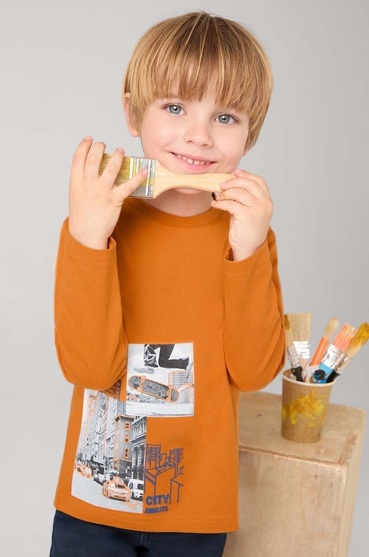 Dětské bavlněné tričko s dlouhým rukávem Mayoral kulatý oranžová 4048.5E.Mini.9BYH