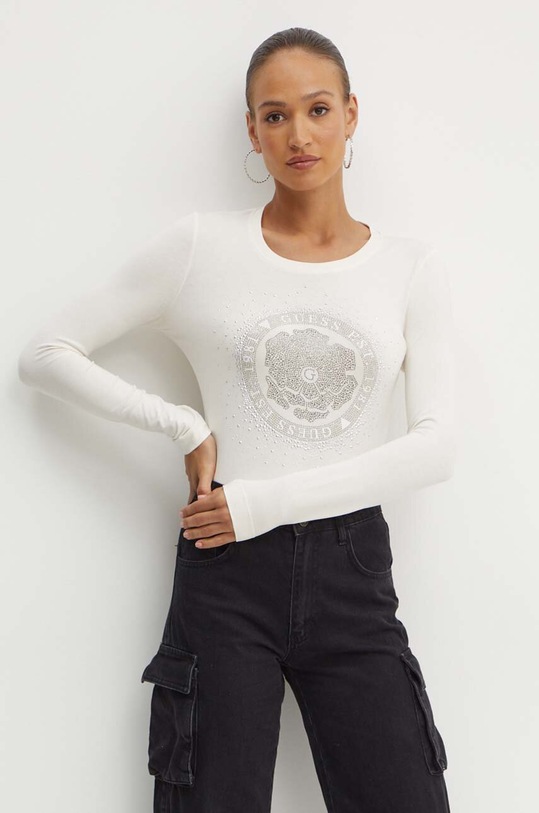 Tričko s dlouhým rukávem Guess PEONY nášivka béžová W4YI75.J1314