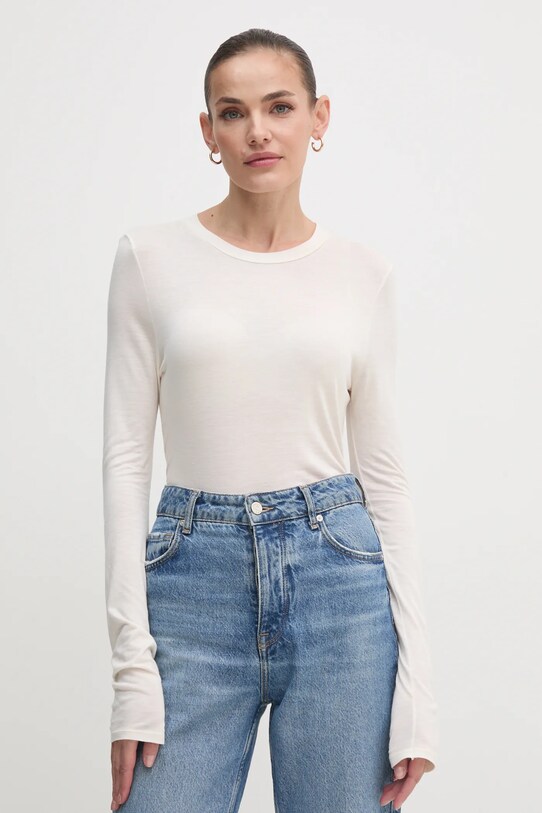 United Colors of Benetton longsleeve din amestec de casmir uni bej 3R0KD108H