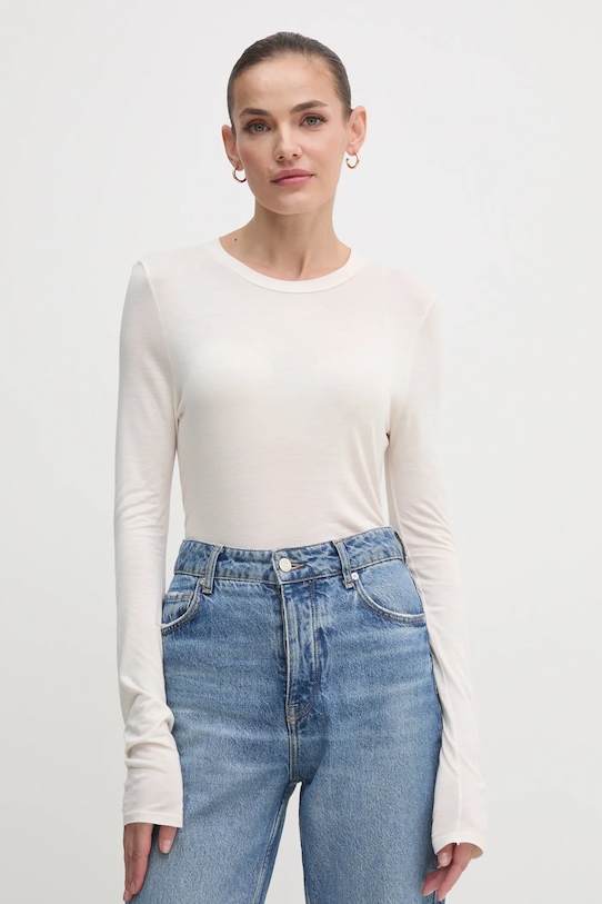 Tričko s dlouhým rukávem s příměsí kašmíru United Colors of Benetton hladký béžová 3R0KD108H