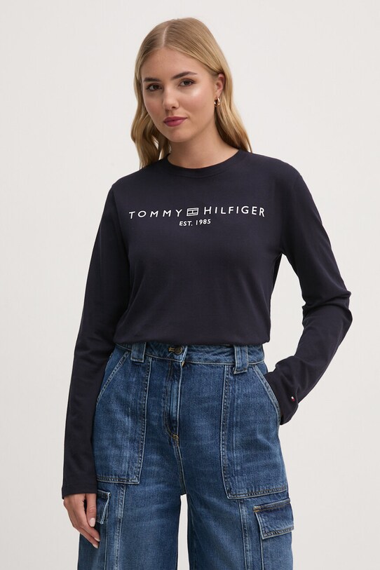 Bavlněné tričko s dlouhým rukávem Tommy Hilfiger potisk námořnická modř WW0WW43620