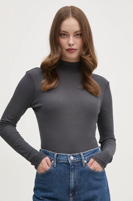 Bavlněné tričko s dlouhým rukávem Calvin Klein Jeans slim šedá J20J224453