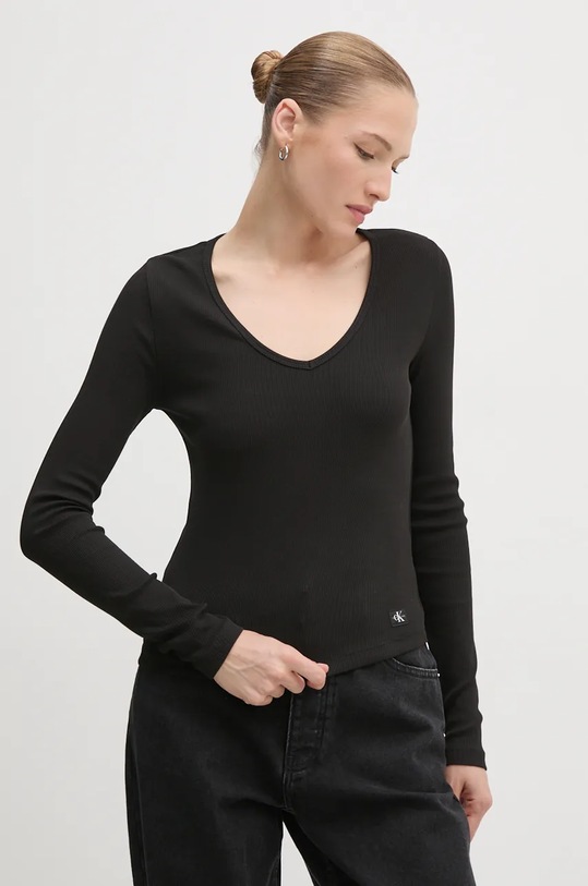 Блуза с дълги ръкави Calvin Klein Jeans вталена черен J20J224197