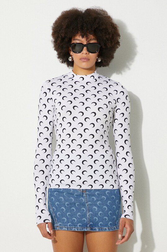 Блуза с дълги ръкави Marine Serre Moon Printed Jersey Second Skin Highneck Top вталена бял WTS005A