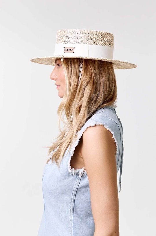 LE SH KA headwear kapelusz słomkowy damski Double Chain Pearl Canotier DCPearlCanotier beżowy
