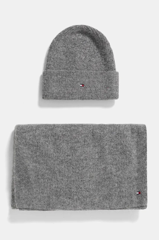 Vlněná čepice a šála Tommy Hilfiger s příměsí vlny šedá AW0AW17124