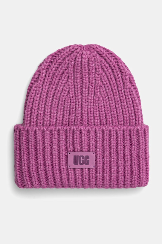 Čepice z vlněné směsi UGG CHUNKY RIB BEANIE s příměsí vlny růžová 21687.