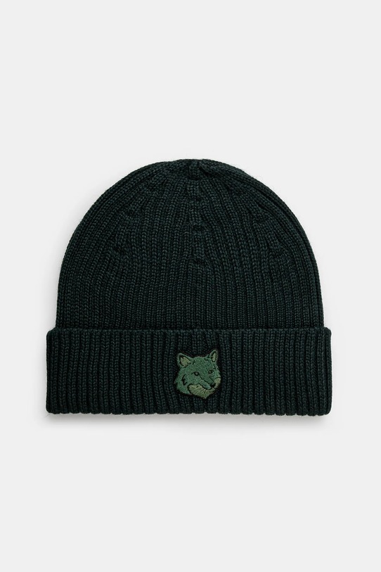 Μάλλινο σκουφί Maison Kitsuné Bold Fox Head απλικέ πράσινο MM06111KT1022