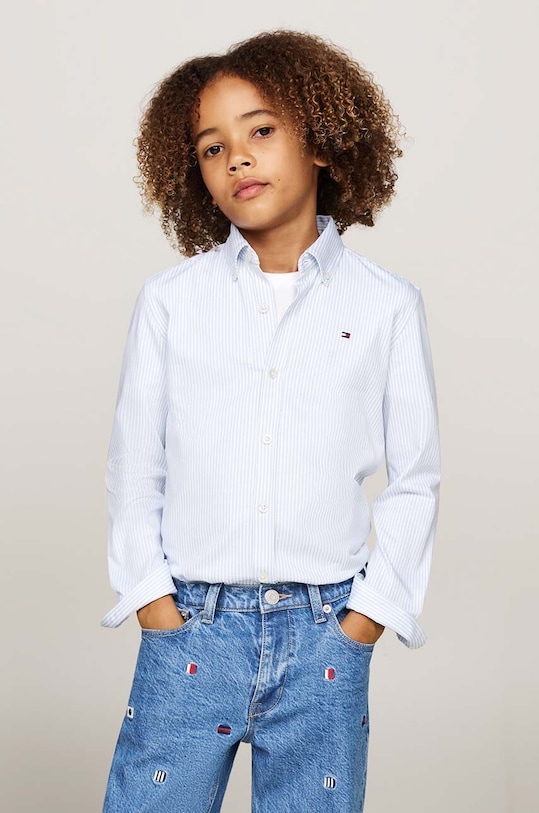 Dětská bavlněná košile Tommy Hilfiger dlouhý modrá KB0KB09267.9BYH.98.122