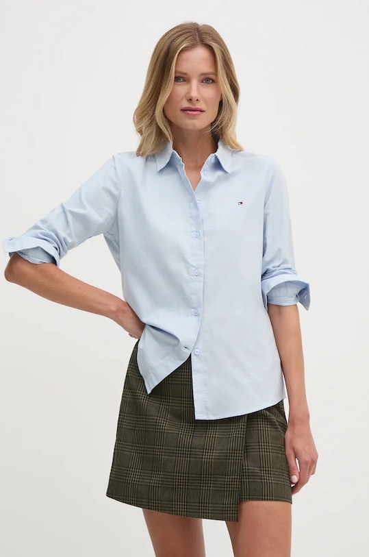 Βαμβακερό πουκάμισο Tommy Hilfiger μακρύ μπλε WW0WW42019