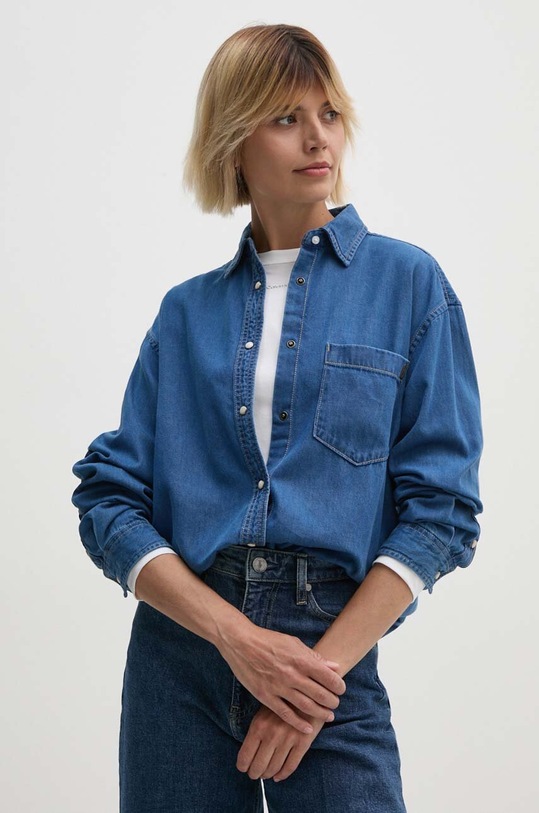 Pepe Jeans camasa jeans BOYFRIEND SHIRT lung albastru PL304895HT8