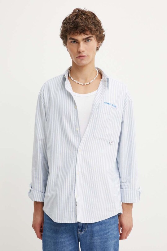 Bavlnená košeľa Tommy Jeans pásiky modrá DM0DM19526