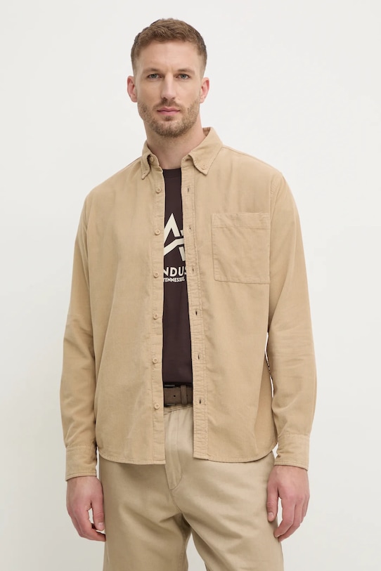 United Colors of Benetton camicia in velluto a coste semplice beige 5HFYUQ04V