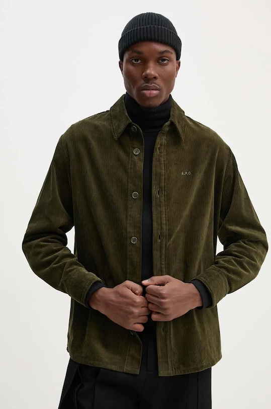 A.P.C. camasa din velur surchemise bobby lung verde COHBB.H02976