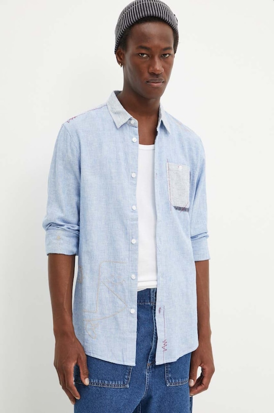 Desigual koszula z domieszką lnu ANDRES regular niebieski 24WMCW15
