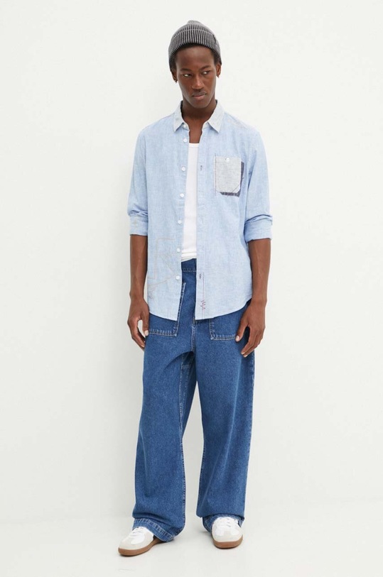 Odzież Desigual koszula z domieszką lnu ANDRES 24WMCW15 niebieski