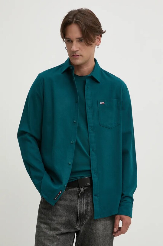 Bavlnená košeľa Tommy Jeans jednofarebný tyrkysová DM0DM19656