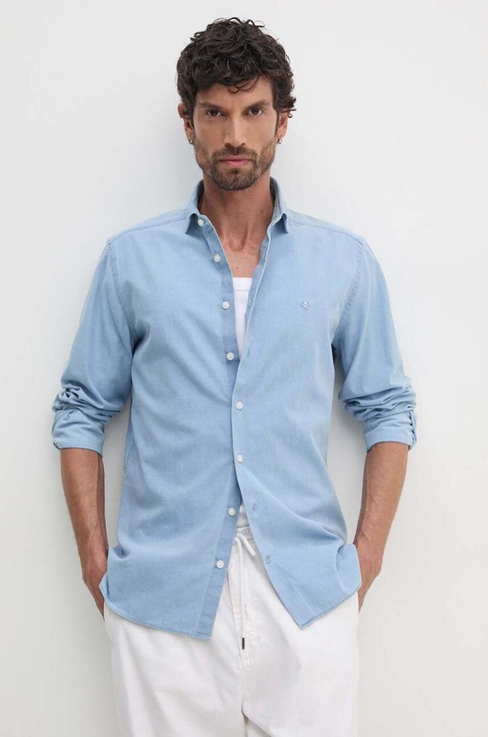 Bavlněná košile Hackett London hladký modrá HM309966