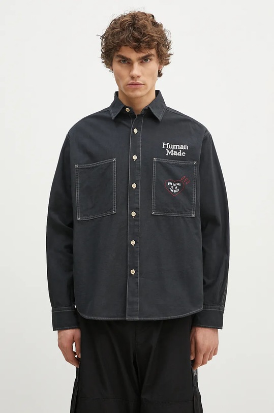 Human Made koszula bawełniana Stitch Work Shirt nadruk czarny HM28SH017